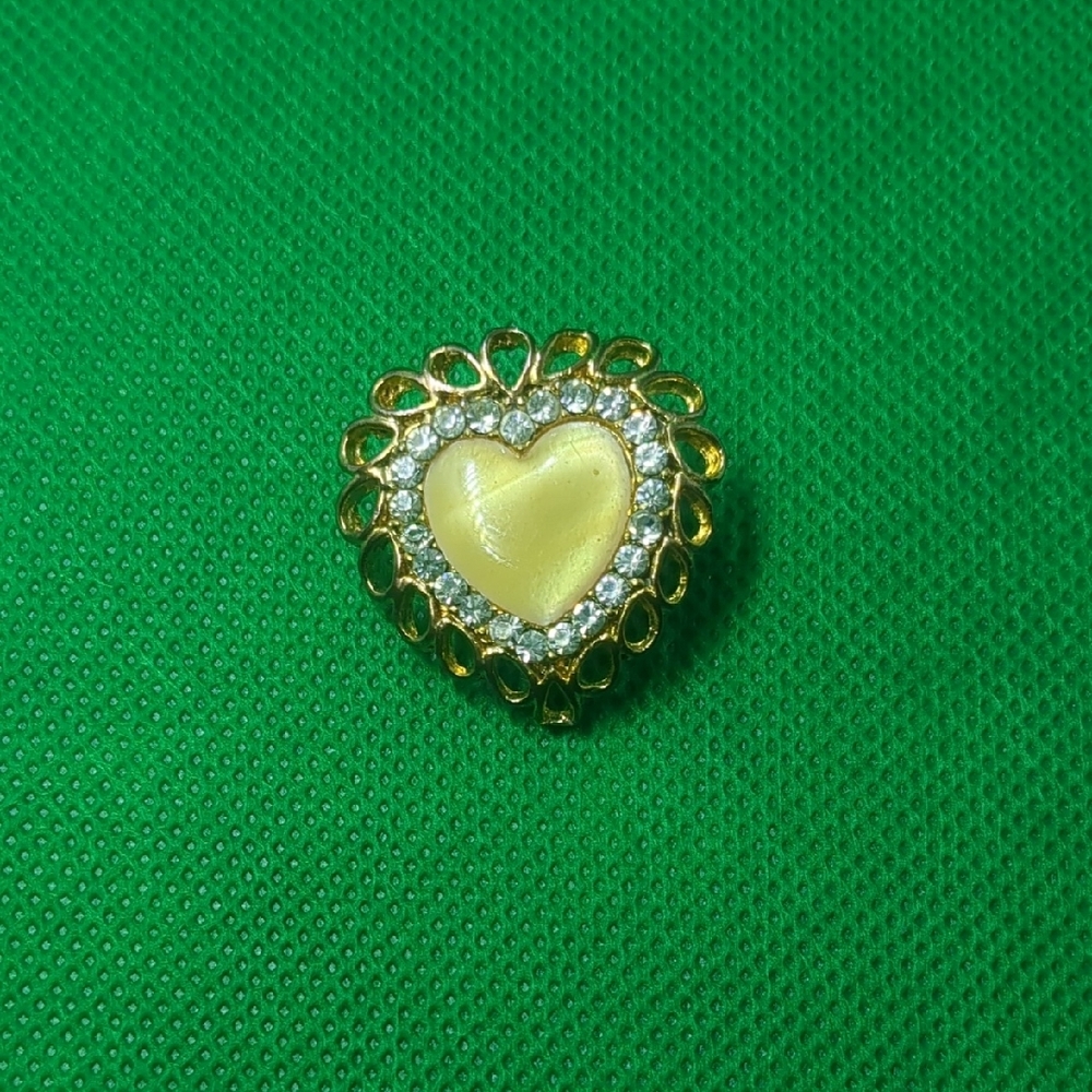 Gold and White Heart-Shaped Brooch with Crystals